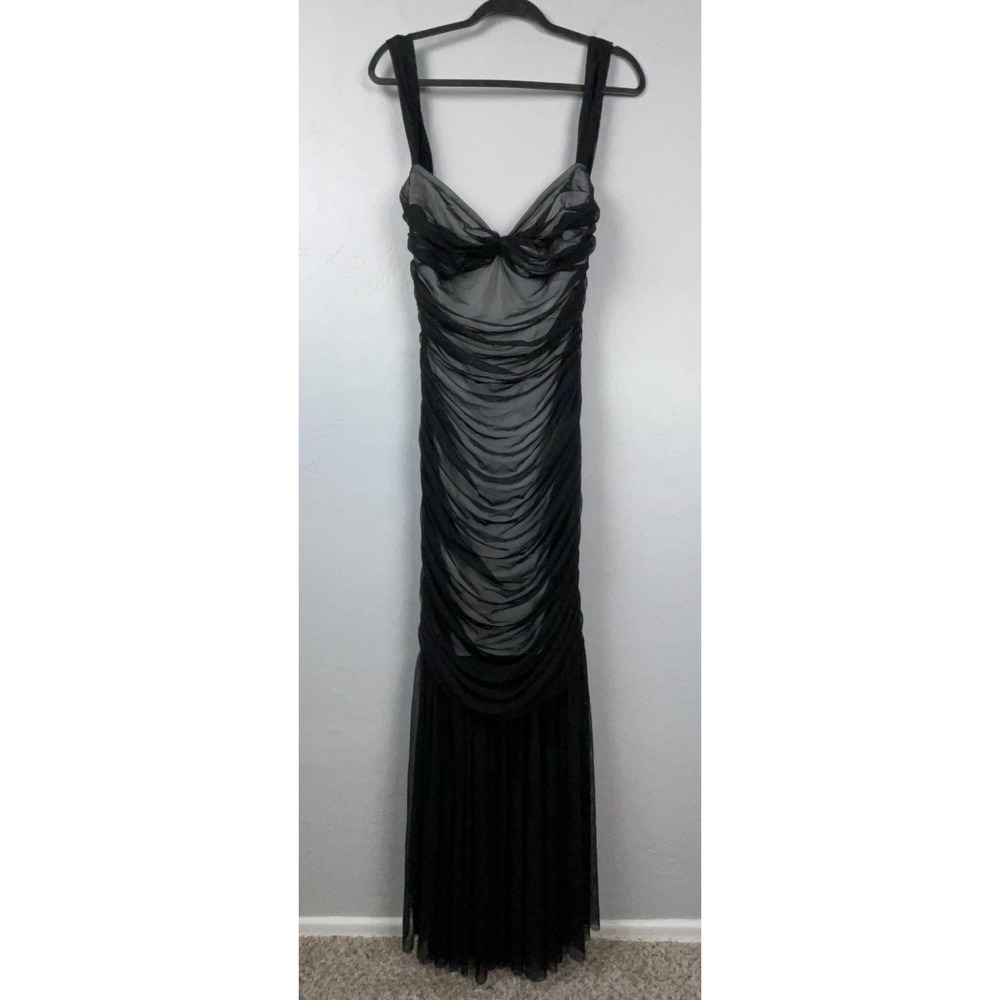 Norma Kamali Walter Fishtail Dress L / 40 Black Full Length Gown Evening Chiffon